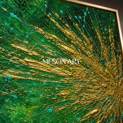 Emerald Green And Gold Pollock Abstract Painting For Modern Living Room Decor