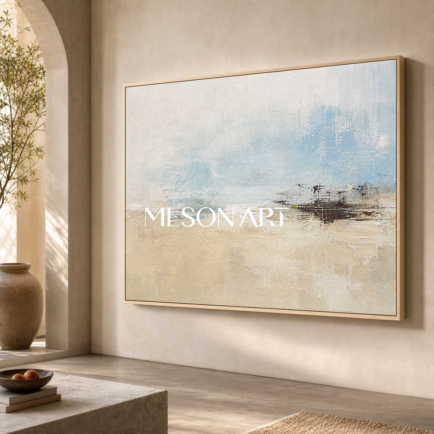 Abstract Blue And Beige Landscape Art For Tranquil Living Room Decor
