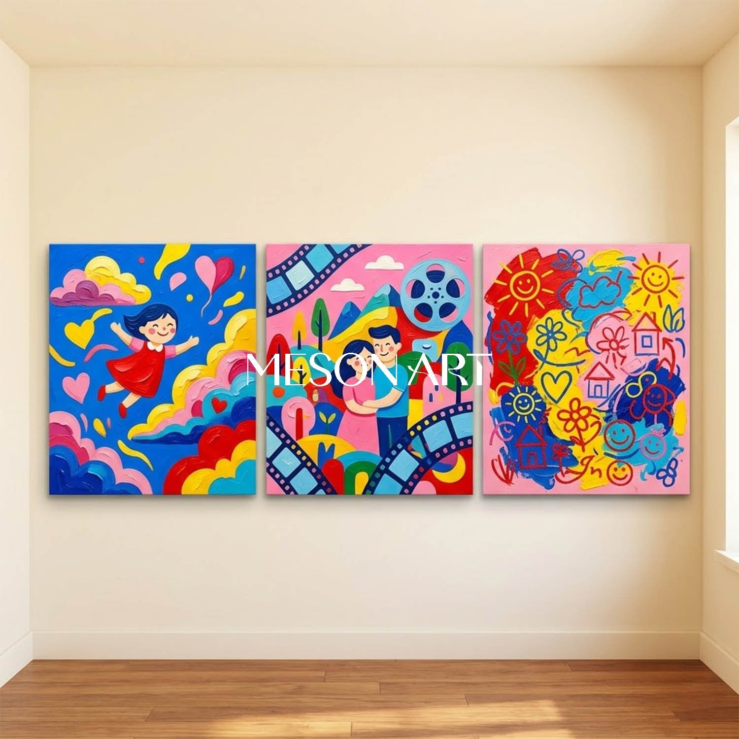 Original Kids Triptych Wall Art Modern Pop Art Canvas Set Colorful Contemporary Family Artwork