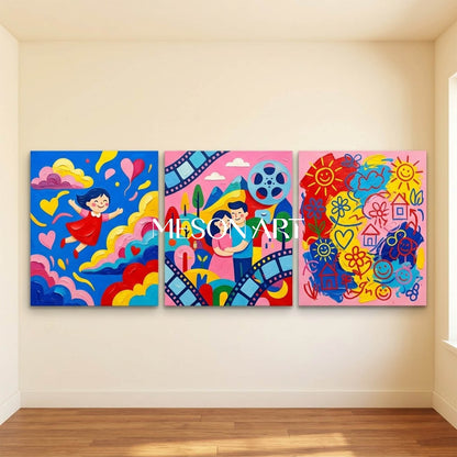 Original Kids Triptych Wall Art Modern Pop Art Canvas Set Colorful Contemporary Family Artwork