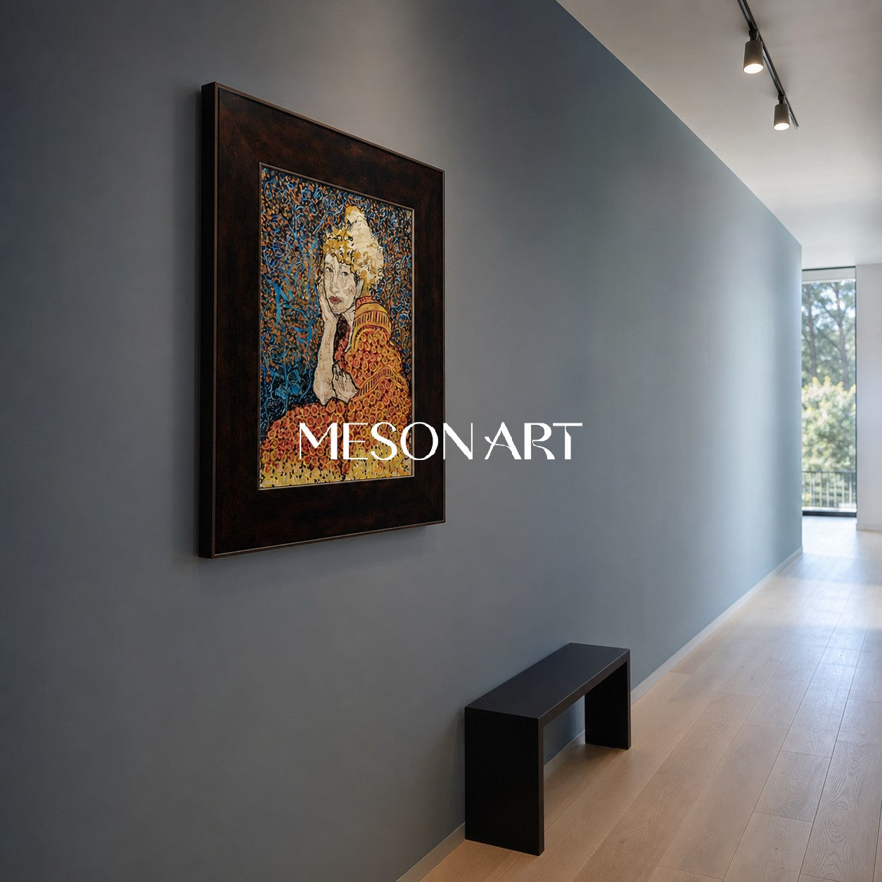 Art Deco Inspired Abstract Portrait Painting With Gold And Blue Tones For Modern Living Room Decor