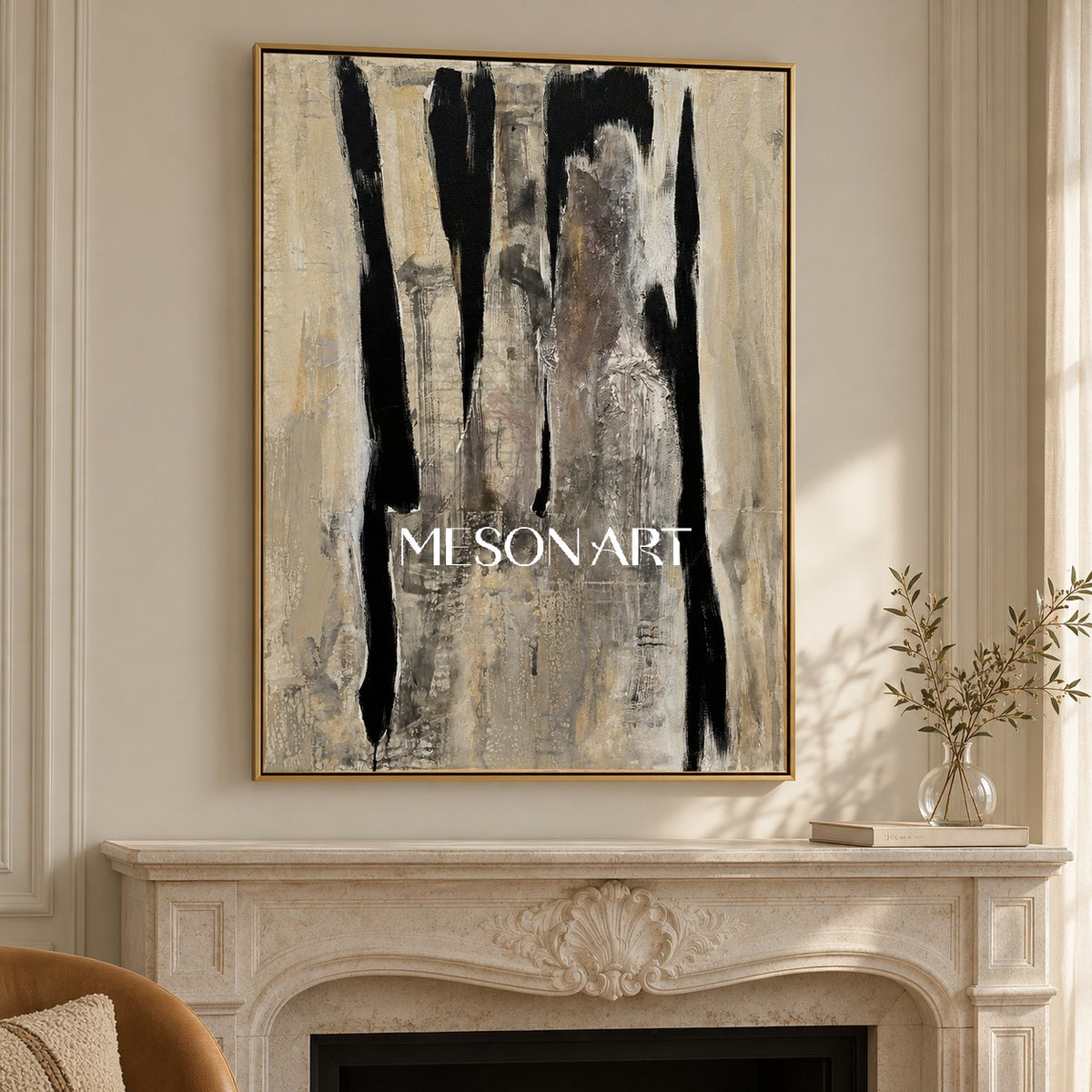 Black And Beige Abstract Painting Original Artist Rectangular Wall Art For Living Room By Mesonart
