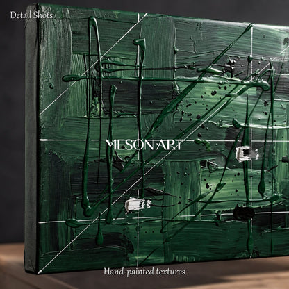 Green And Black Pollock Inspired Painting Rectangular Wall Art Contemporary Drip Art By Mesonart