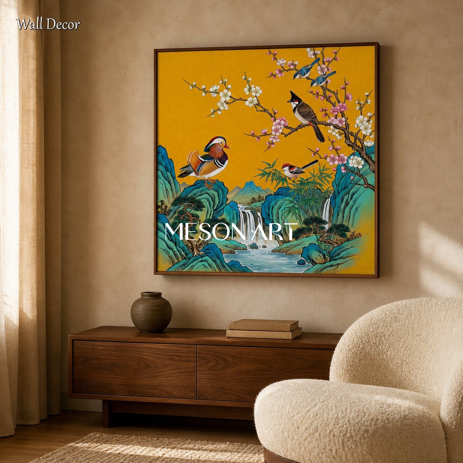 Gold And Blue Gongbi Painting Square Wall Art For Living Room By Mesonart
