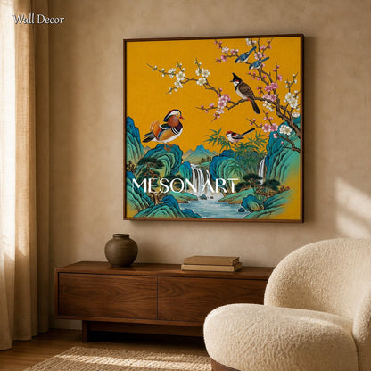 Gold And Blue Gongbi Painting Square Wall Art For Living Room By Mesonart