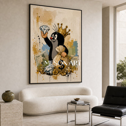 Crowned Mole Pop Art Painting With Gold Coins And Diamonds For Modern Living Room Decor