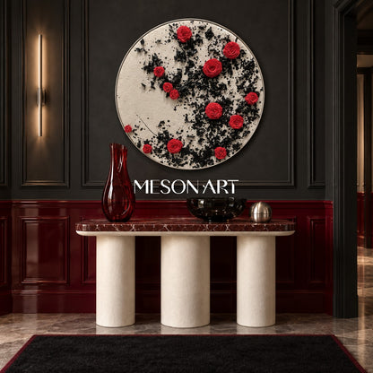 Red And Black Botanical Painting Modern Organic Circular Wall Art Original Hand Painted By Mesonart