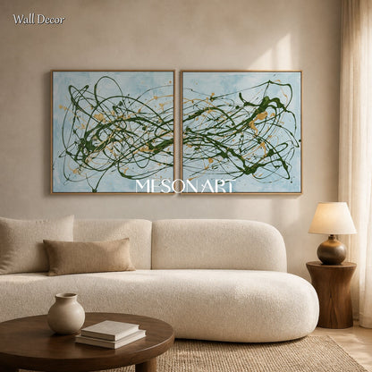 Blue And Green Pollock Style Painting Square Drip Art By Jackson Inspired Contemporary Wall Decor For Living Room By Mesonart