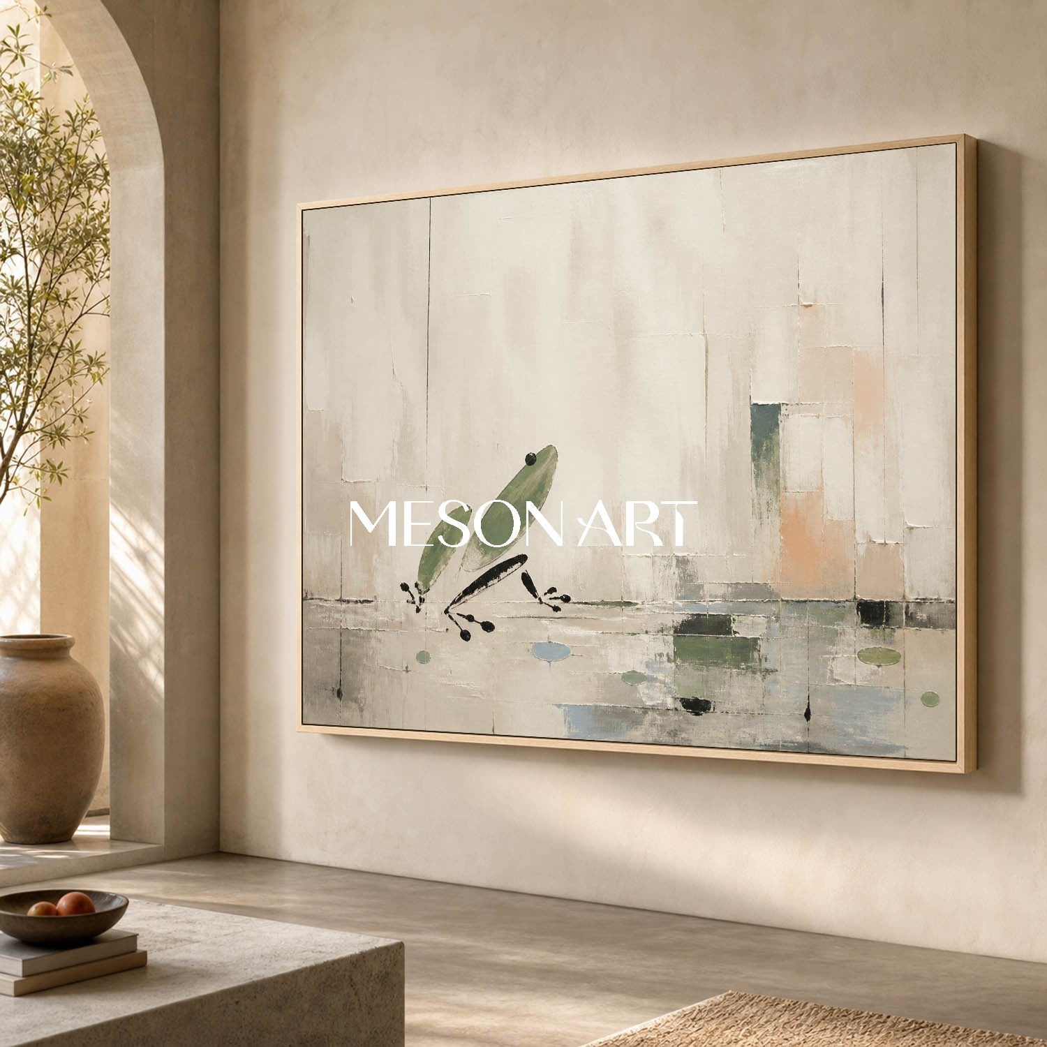 Minimalist Frog Abstract Painting On Linen Canvas For Modern Living Room And Bedroom Decor