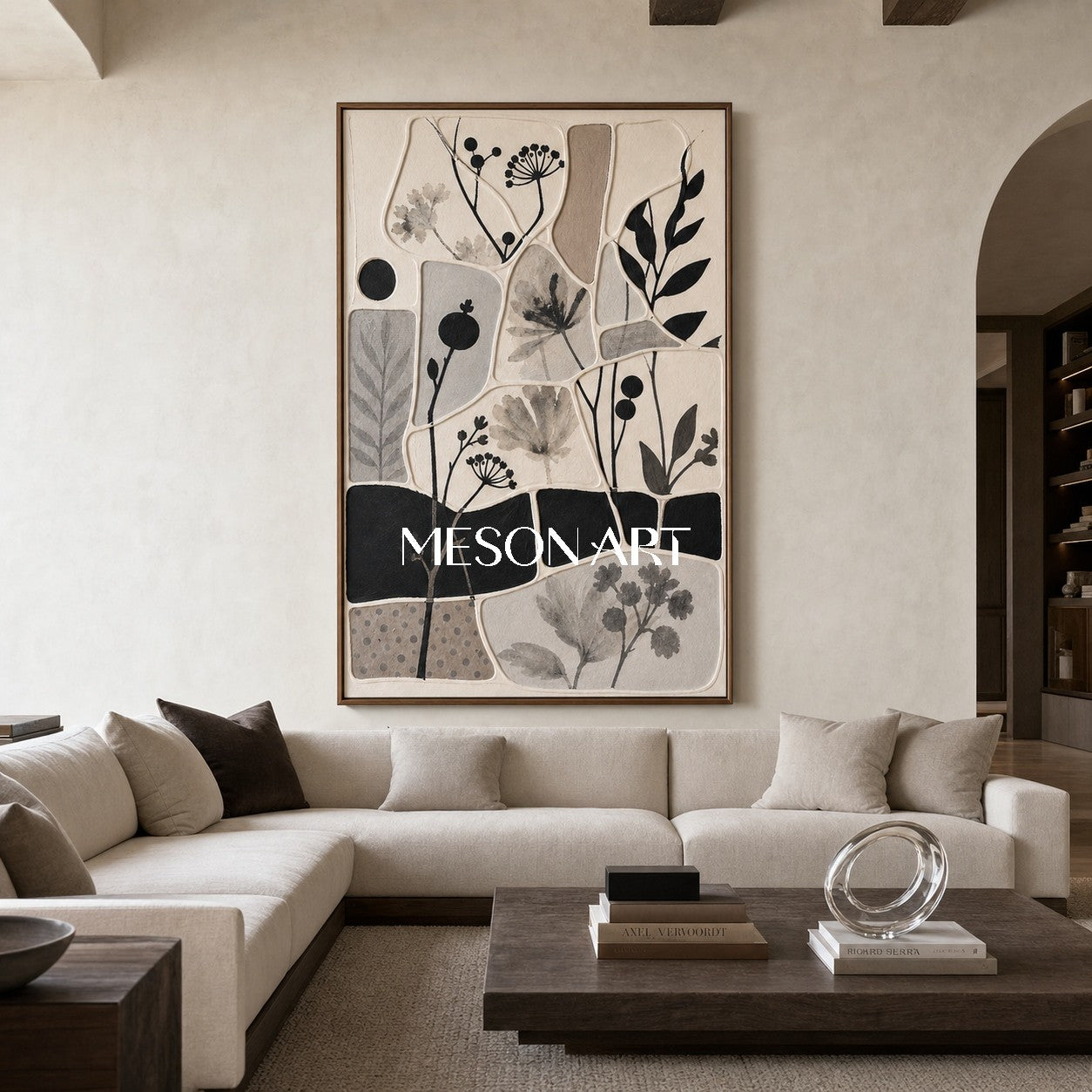 Monochrome Botanical Collage Art With Textured Relief For Wabi-Sabi Home Decor