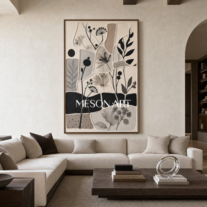 Monochrome Botanical Collage Art With Textured Relief For Wabi-Sabi Home Decor