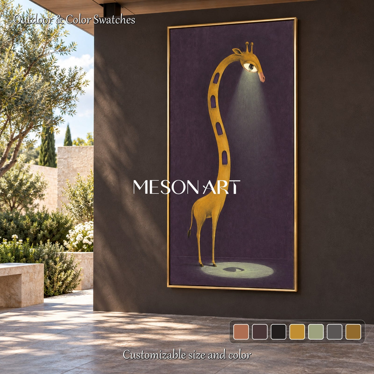 Purple And Gold Giraffe Surrealist Painting Original Artist Hand Painted Panoramic Wall Art For Living Room By Mesonart