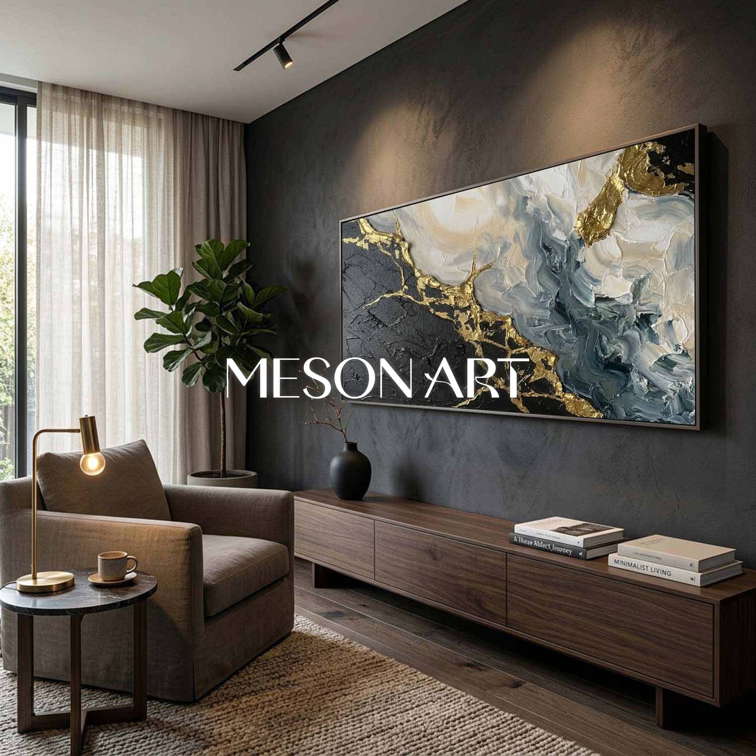Luxury Plaster Abstract Painting With Gold Veins For Art Deco Living Room Entryway Decor