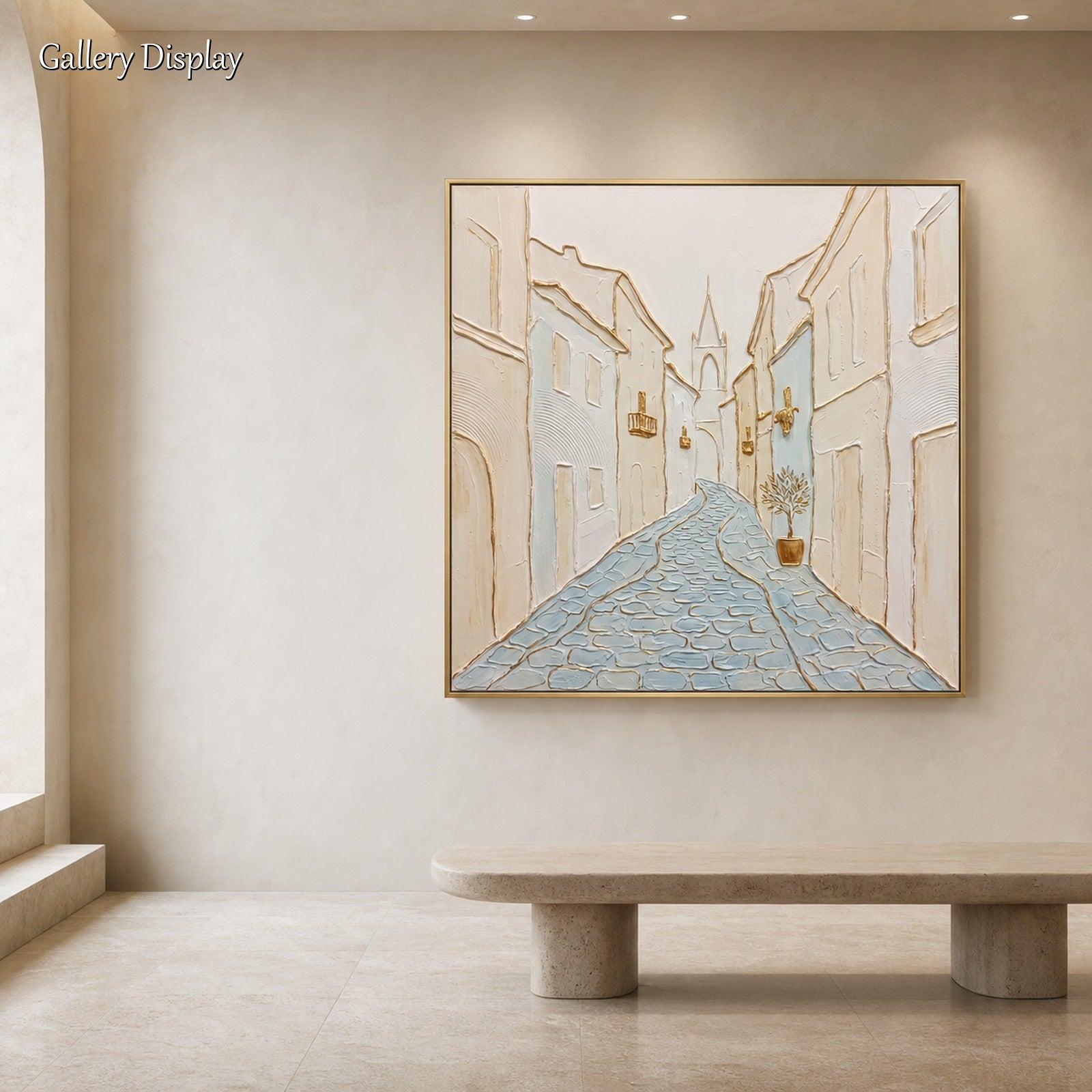 Quadro “Art Deco City” con texture dorata per l’arredamento di un soggiorno moderno