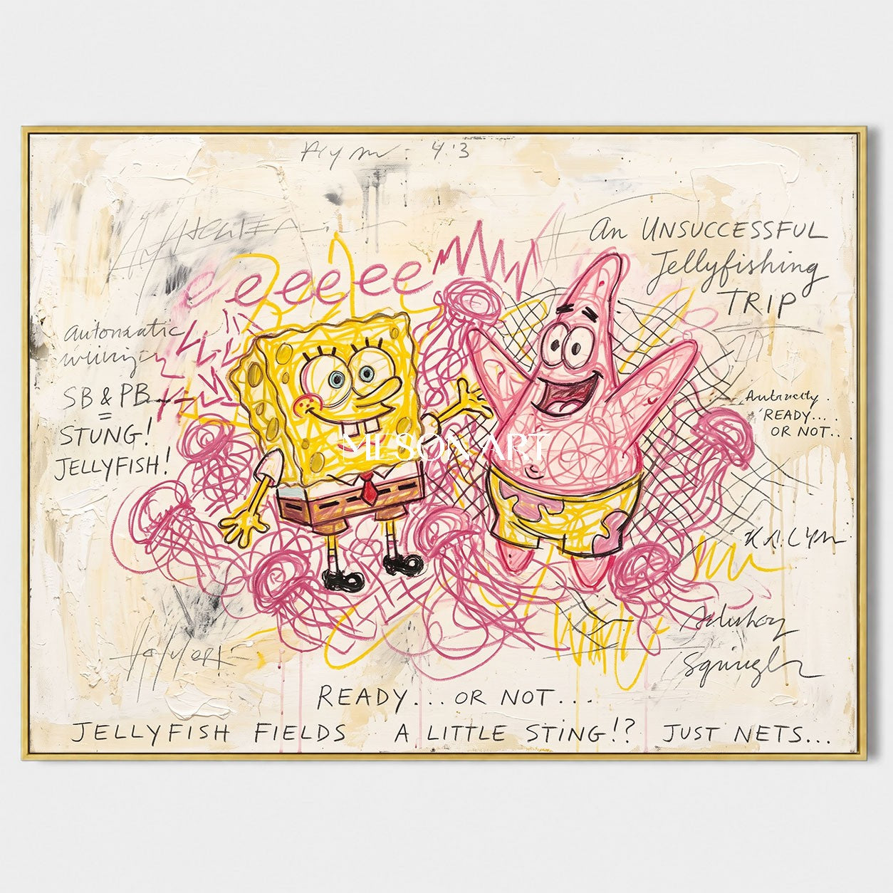 Yellow And Pink Pop Art Graffiti Painting Rectangular Wall Decor For Living Room By Mesonart