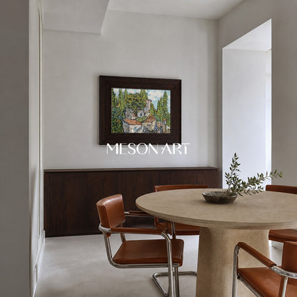 Dipinto a olio astratto di paesaggio con tonalità di verde e blu per l'arredamento moderno della casa