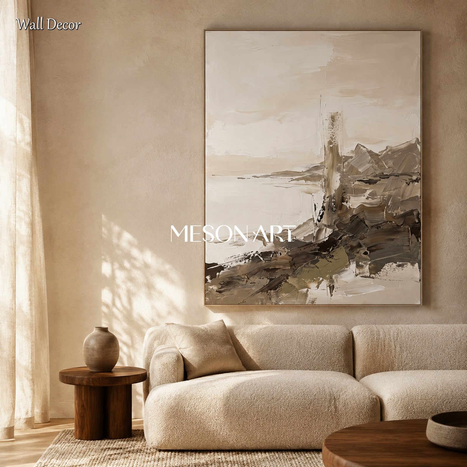Beige And White Abstract Landscape Painting Rectangular Wall Art Original Artist By Mesonart