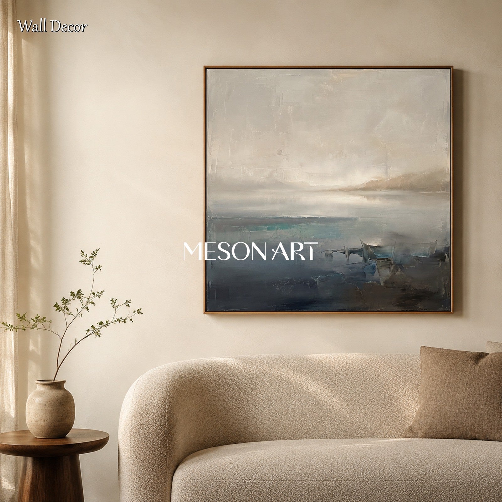 Gray And Blue Abstract Landscape Painting Square Wall Art Original Artist Hand Painted By Mesonart