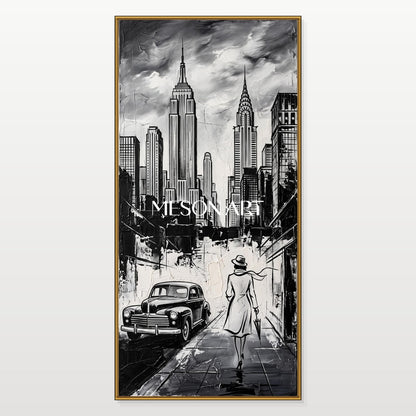 Black And White Modern Cityscape Painting Panoramic Wall Art Contemporary New York City Original Artist By Mesonart
