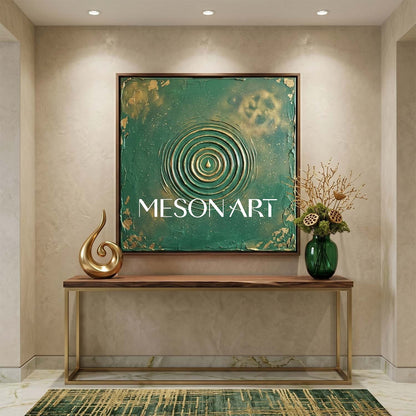 Emerald Green And Gold Abstract Art With Textured Relief For Art Deco Living Room Decor