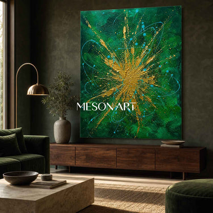 Emerald Green And Gold Abstract Painting With Textured Relief For Modern Living Room Decor