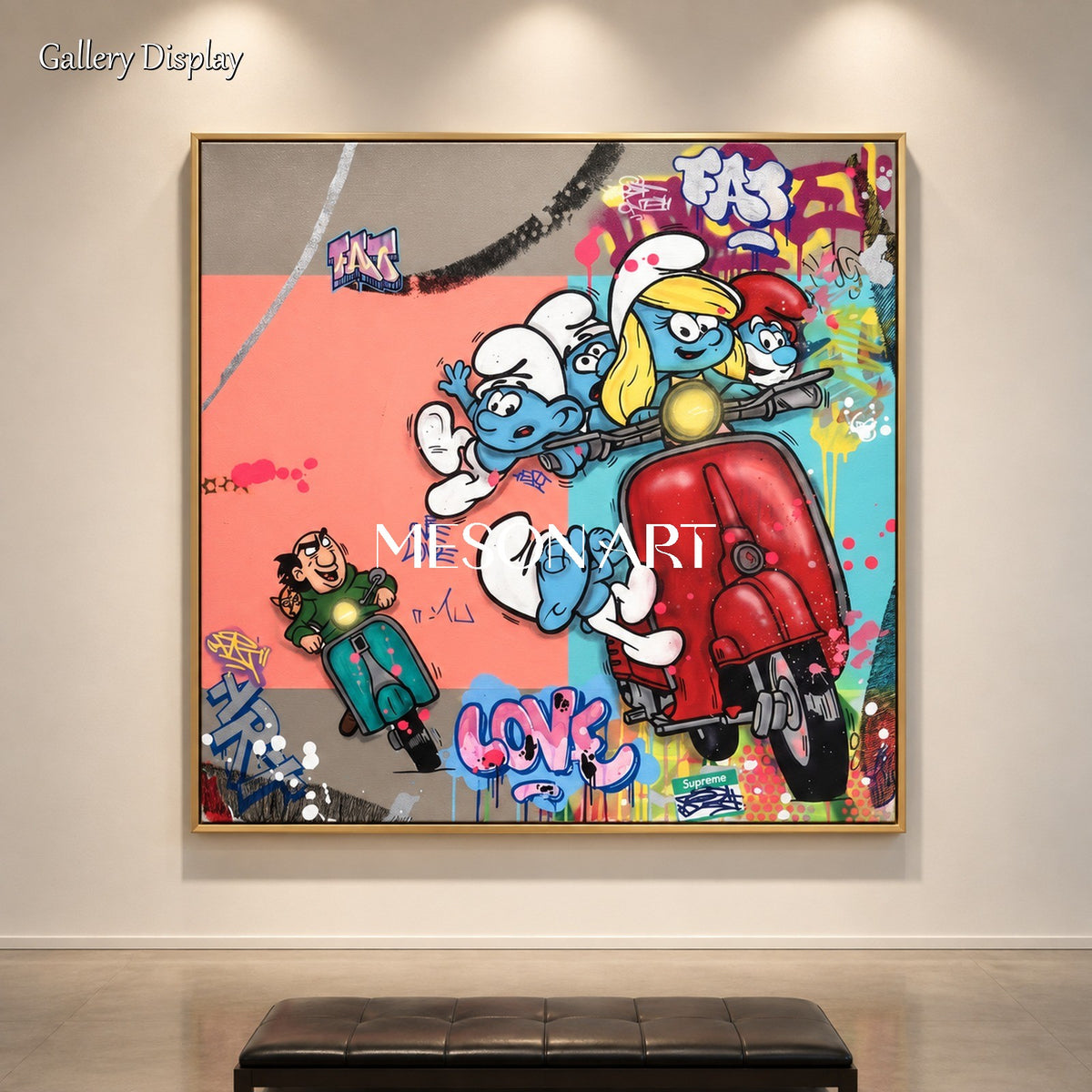 Blue And Red Graffiti Painting Of Smurfs Square Wall Art Original Artist Hand Painted By Mesonart