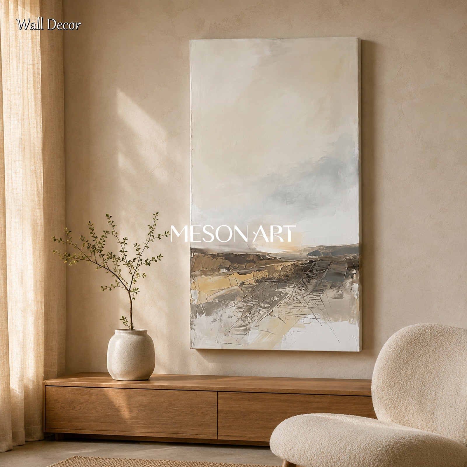 Beige And Gray Abstract Painting Panoramic Wall Art For Living Room Original Artist By Mesonart