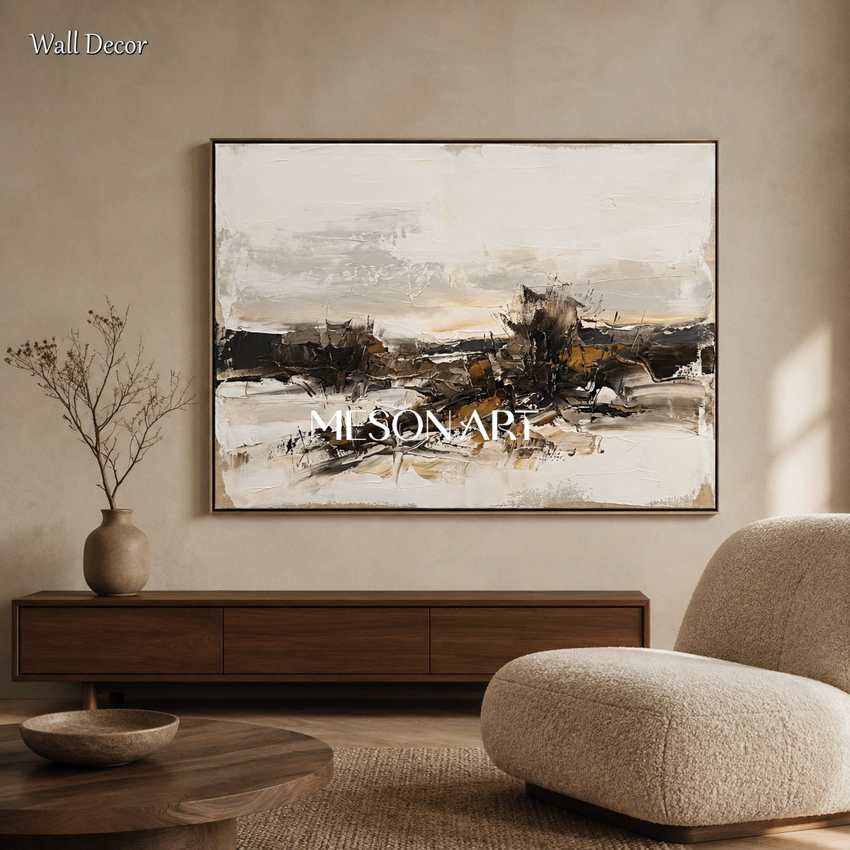 Beige And Black Abstract Landscape Painting Rectangular Wall Art Neutral Framed By Mesonart