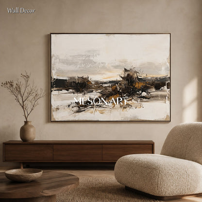 Quadro astratto raffigurante un paesaggio, nei toni del beige e del nero, di forma rettangolare, con cornice neutra, realizzato da Mesonart