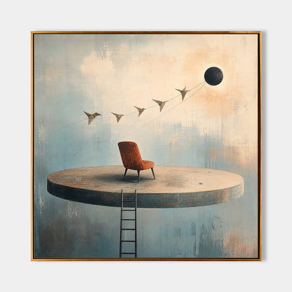 Surrealist Abstract Painting With Floating Chair For Modern Living Room Decor