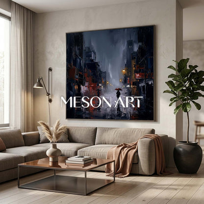 Abstract City Rain Painting With Plaster Texture For Modern Living Room And Office Decor