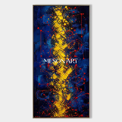 Blue And Gold Abstract Painting With Red Splatter Texture For Modern Living Room Decor