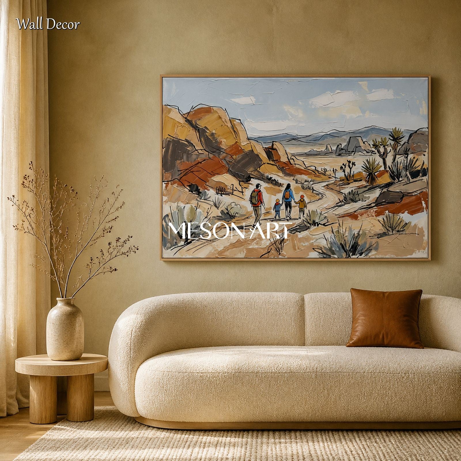 Beige And Blue Landscape Painting Contemporary Mountain Art Rectangular Wall Decor Original Artist By Mesonart