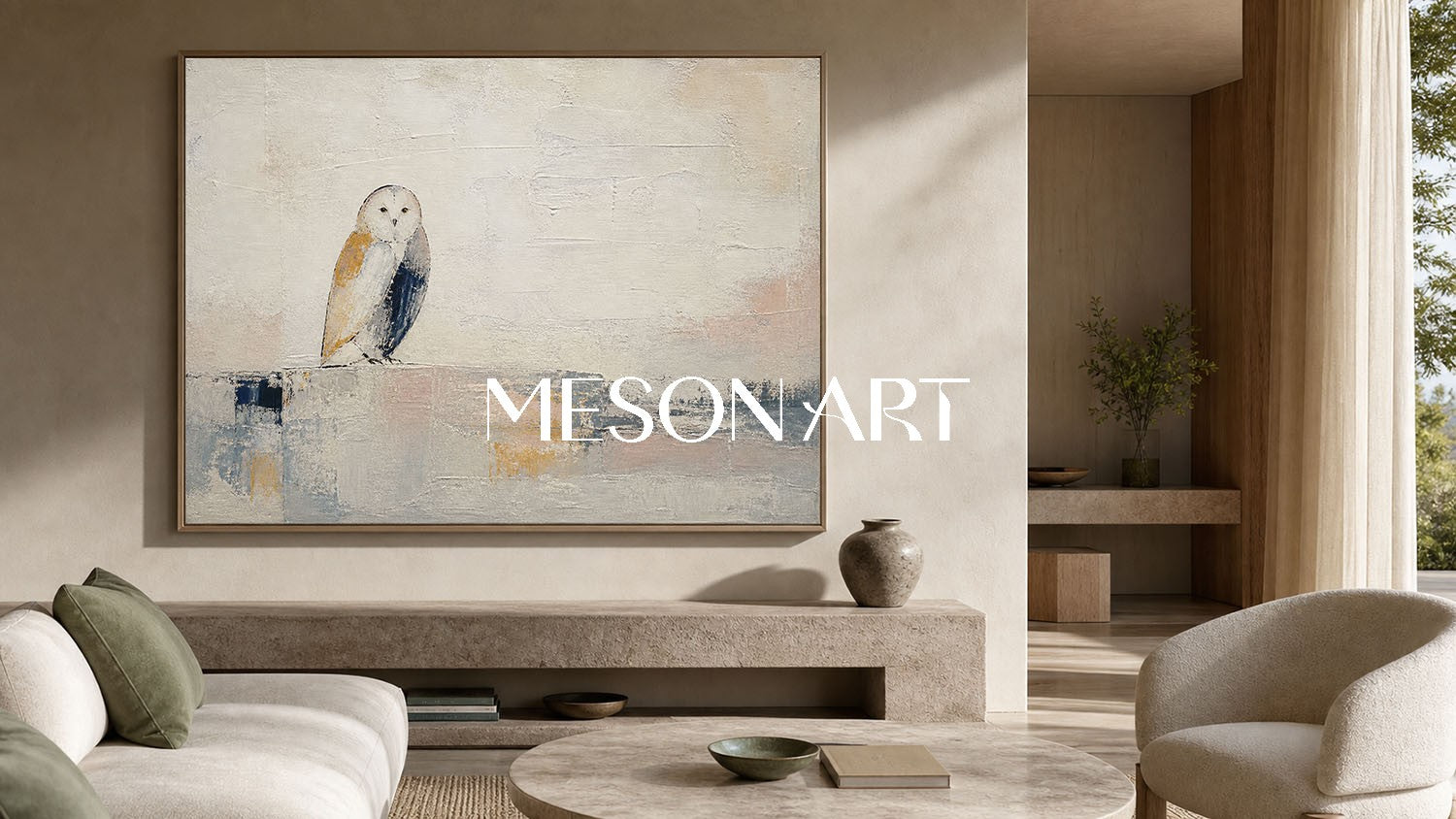 Minimalist Owl Painting In Beige And Grey Tones For Living Room Or Home Office Decor
