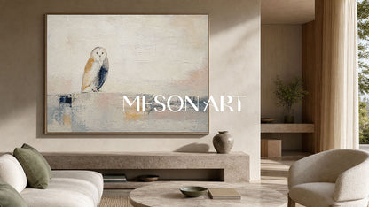 Minimalist Owl Painting In Beige And Grey Tones For Living Room Or Home Office Decor