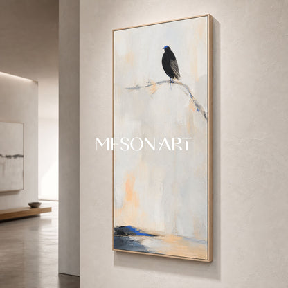 Minimalist Black Bird Painting With Blue Accent For Serene Home Decor