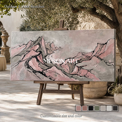 Large Pink And Black Abstract Mountain Wall Art For Modern Living Room Decor