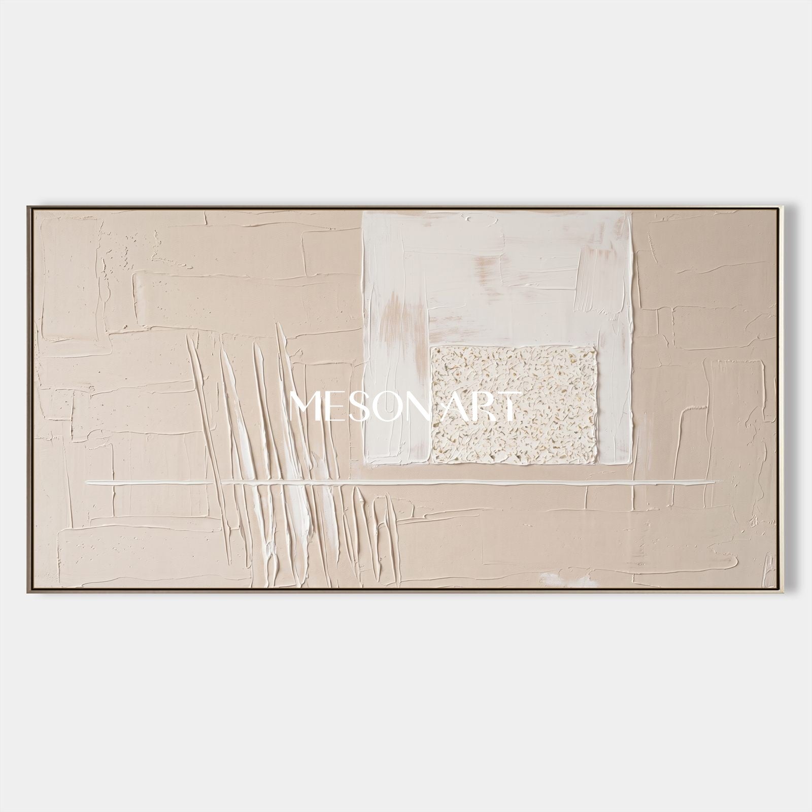 Minimalist Beige Abstract Painting With Textured Relief For Modern Living Room Decor