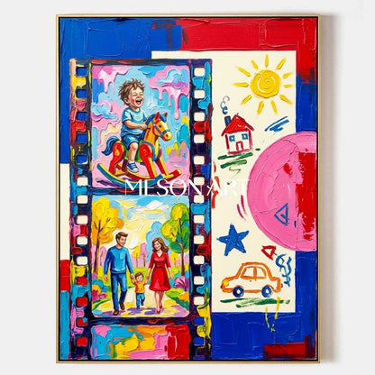 Vibrant Family Portrait Pop Art Painting With Film Strip Design For Kids Room Decor