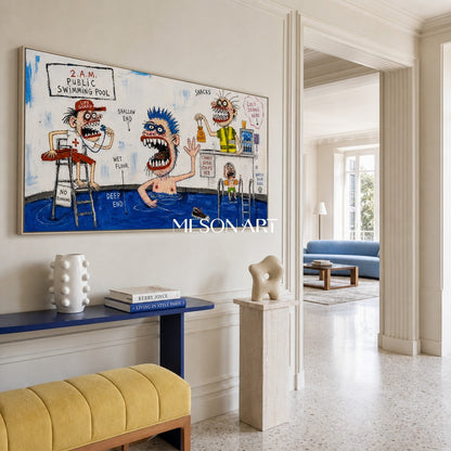 Blue And White Graffiti Cartoon Swimming Pool Art Panoramic Original Artist Hand Painted By Mesonart