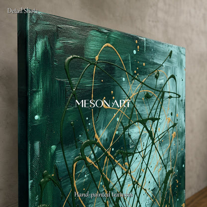 Green And Gold Jackson Pollock Inspired Abstract Expressionism Painting Panoramic Wall Art For Living Room By Mesonart