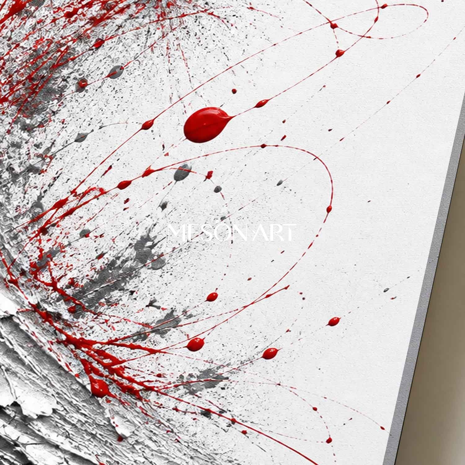 Red And White Abstract Wall Art With Textured Silver Swirl For Modern Living Room Decor