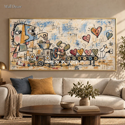 Beige And Blue Graffiti Abstract Painting Original Artist Hand Painted Panoramic Wall Art For Living Room By Mesonart