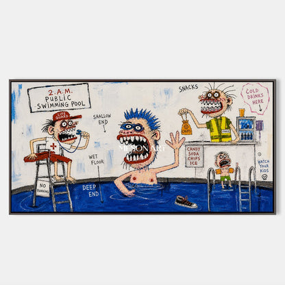 Blue And White Graffiti Cartoon Swimming Pool Art Panoramic Original Artist Hand Painted By Mesonart