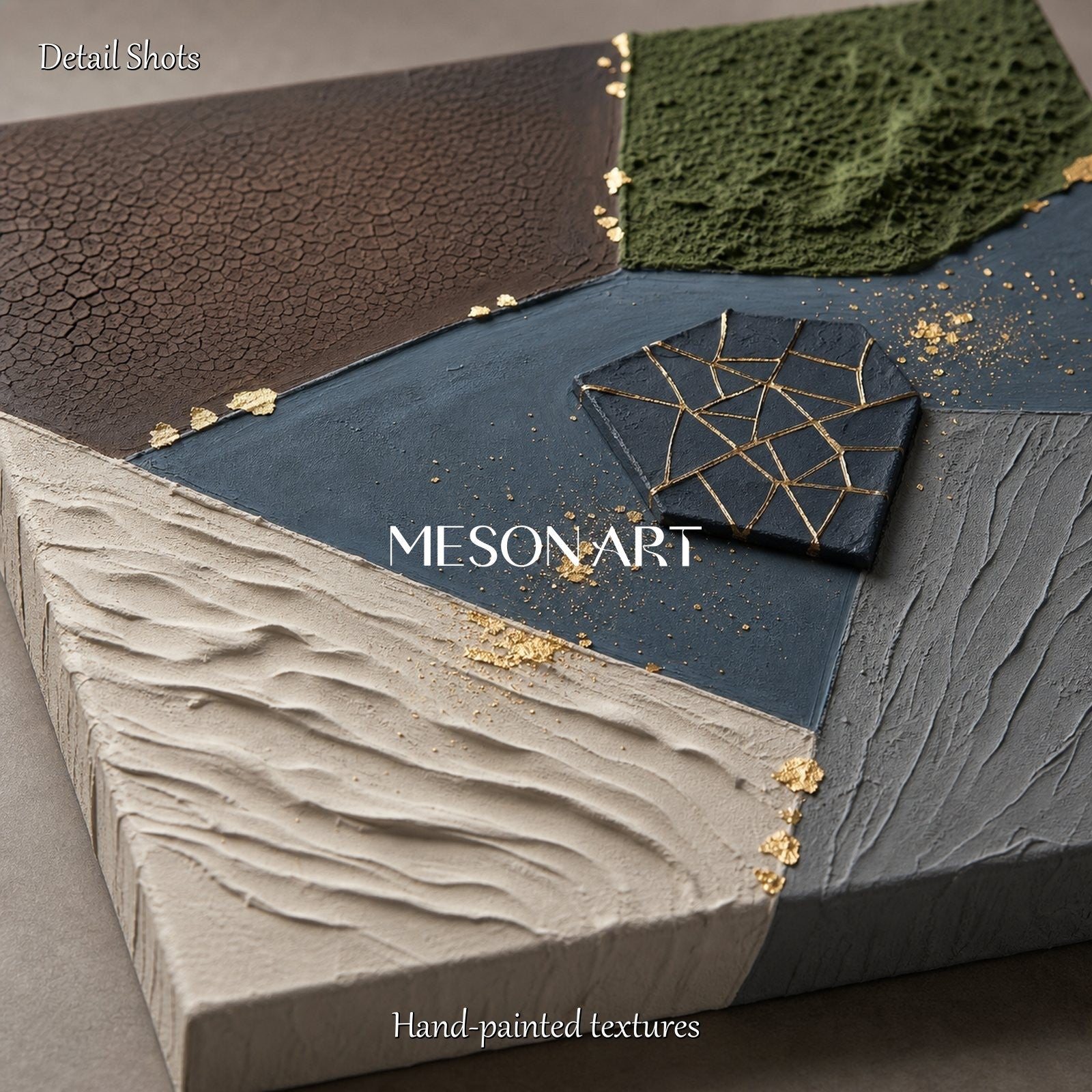 Textured Plaster Abstract Painting With Gold Accents For Modern Living Room Wall Decor