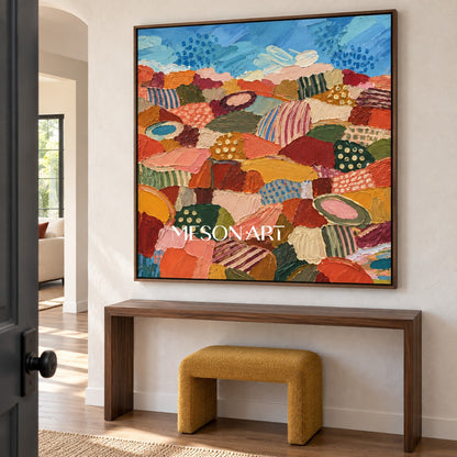 Blue And Orange Abstract Landscape Painting Original Hand Painted Square Wall Art For Living Room By Mesonart