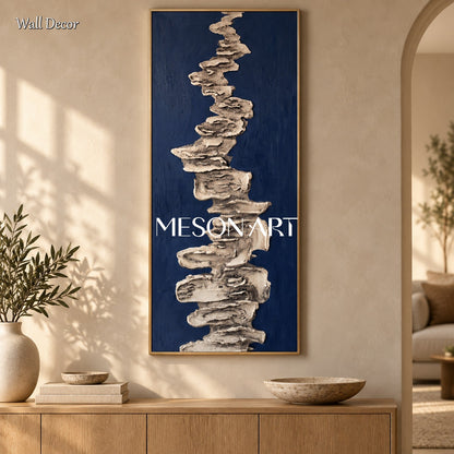 Navy Blue And Gray Abstract Textured Art Panoramic Wall Decor For Living Room By Mesonart