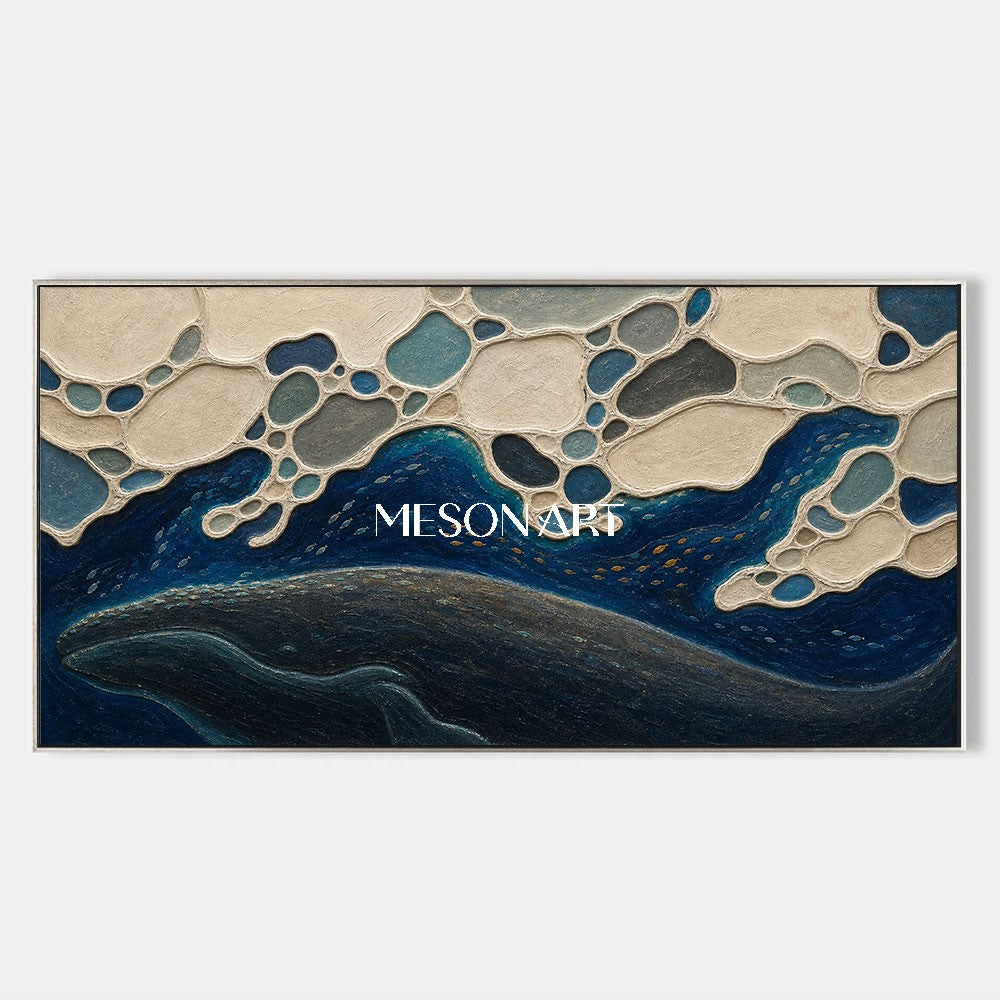 Deep Ocean Whale Silhouette Art With Textured Waves For Modern Living Room Decor