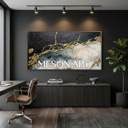 Large Black And Gold Abstract Painting With Plaster Texture For Modern Living Room Decor