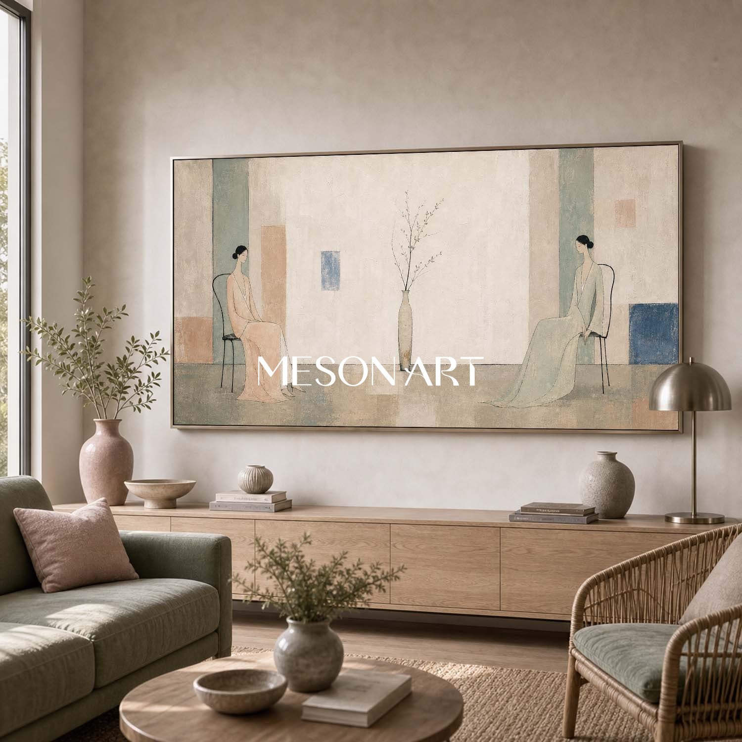 Beige Art Deco Portrait Painting With Soft Brushwork For Luxury Living Room And Bedroom Decor